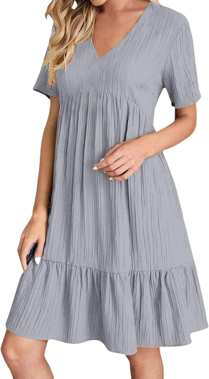 Sundresses for Women Soft V Neck Short Sleeve Ruffle Hem Tiered Flowy Swing Midi Dresses Loose A Line Flowy Beach Dress
