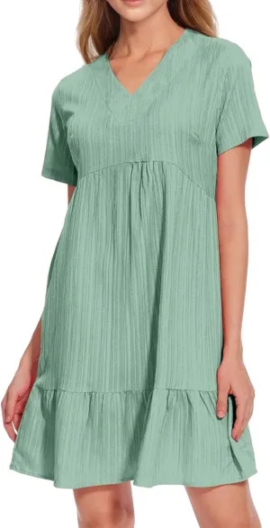 Sundresses for Women Soft V Neck Short Sleeve Ruffle Hem Tiered Flowy Swing Midi Dresses Loose A Line Flowy Beach Dress