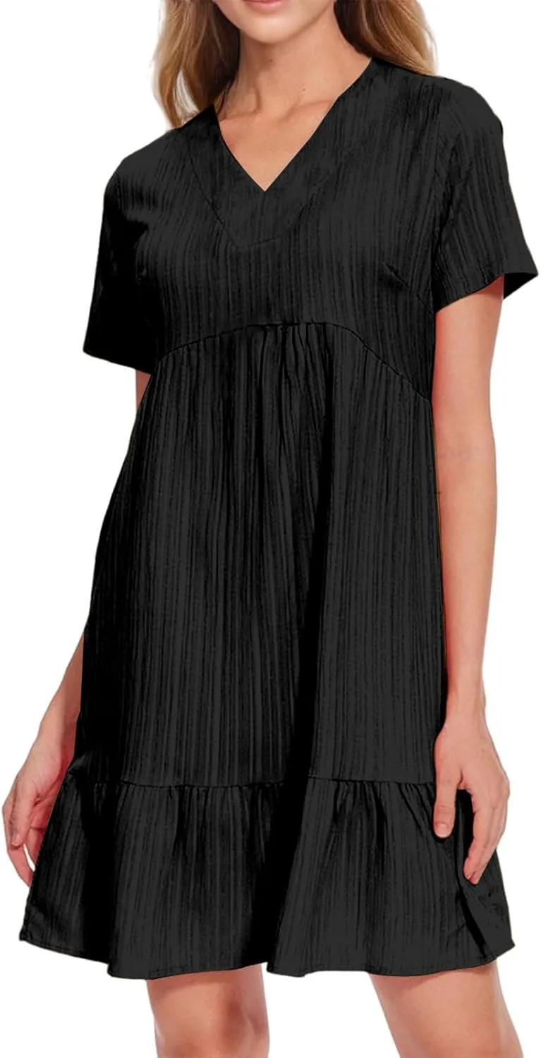 Sundresses for Women Soft V Neck Short Sleeve Ruffle Hem Tiered Flowy Swing Midi Dresses Loose A Line Flowy Beach Dress
