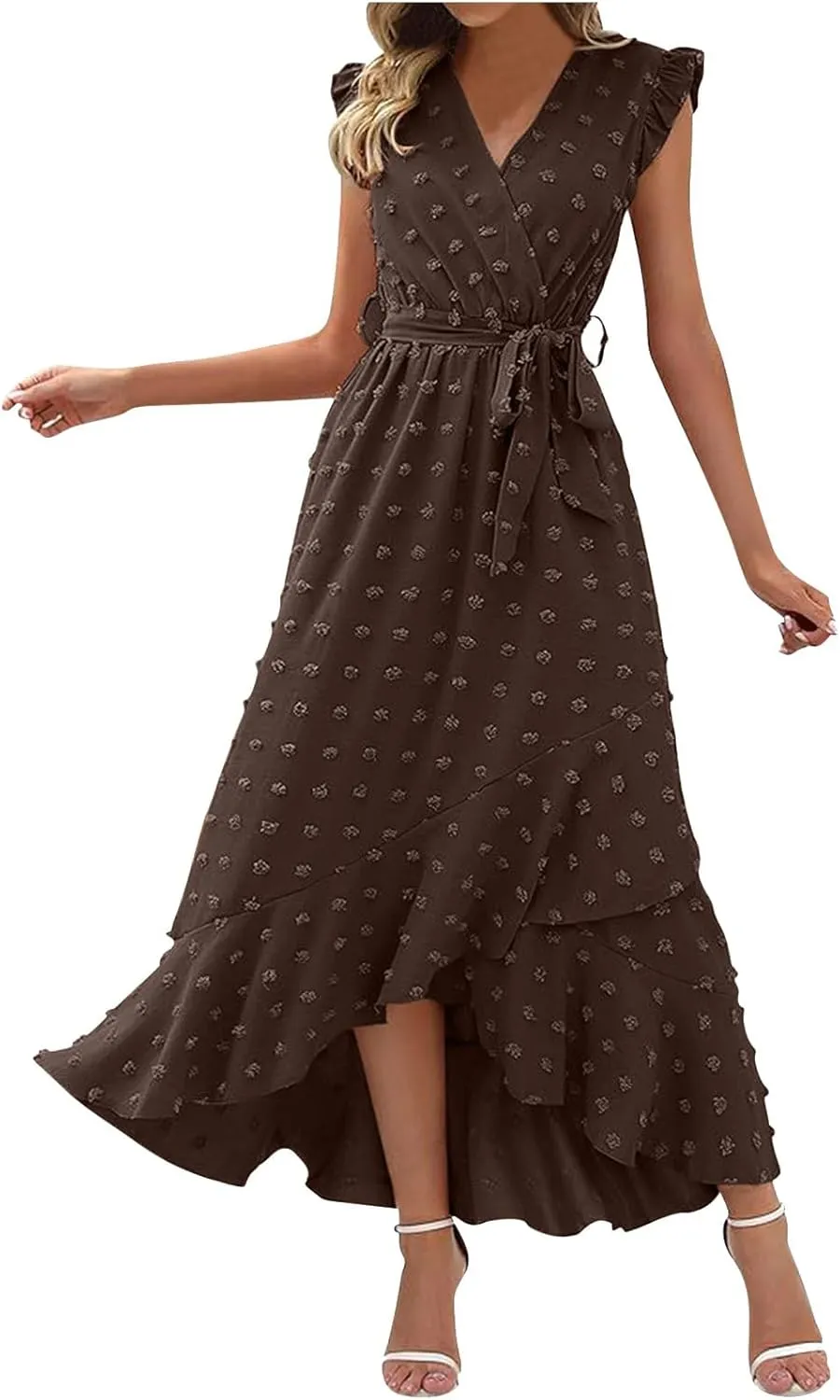 Sundresses for Women Solid Color Lace A Line Dress Elegant V Neck Tie Waist Dresses Beach Vacation Sundress