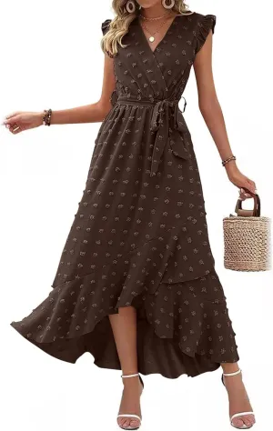 Sundresses for Women Solid Color Lace A Line Dress Elegant V Neck Tie Waist Dresses Beach Vacation Sundress