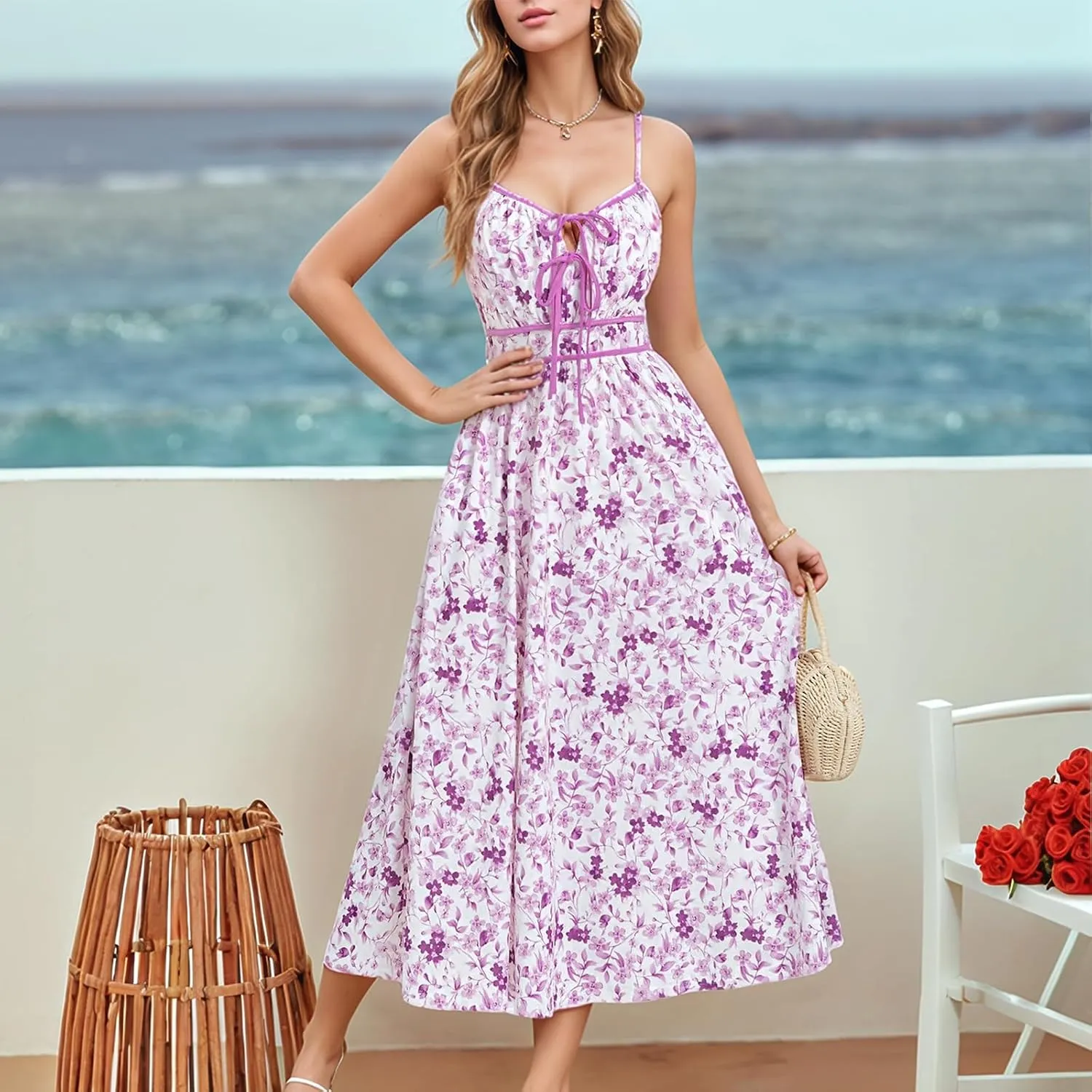 Sundresses for Women Summer Casual Sleeveless Floral Maxi Dresses Lace Up Corset Dress Boho Flowy Beach Dresses