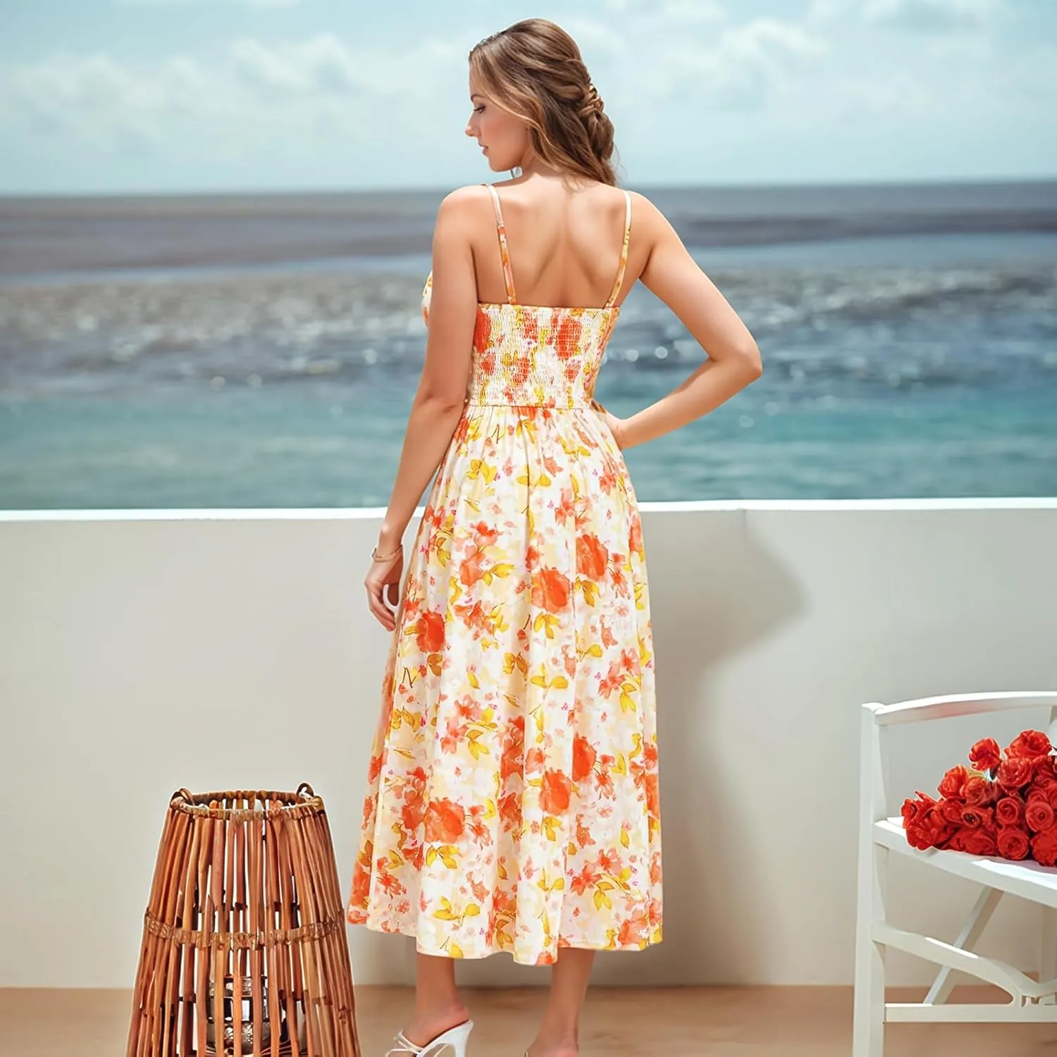Sundresses for Women Summer Casual Sleeveless Floral Maxi Dresses Lace Up Corset Dress Boho Flowy Beach Dresses