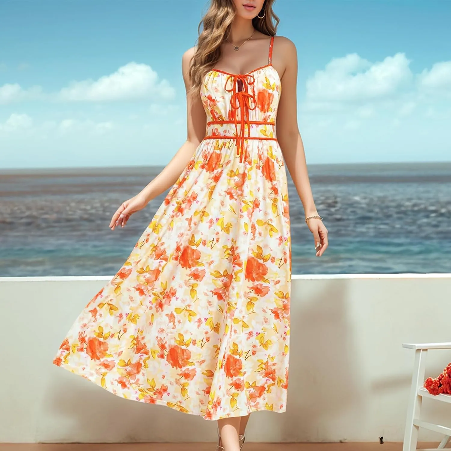 Sundresses for Women Summer Casual Sleeveless Floral Maxi Dresses Lace Up Corset Dress Boho Flowy Beach Dresses