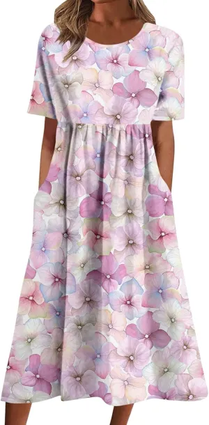 Sundresses for Women Summer Floral Casual Loose Dresses Vintage Bohemian Round Neck Short Sleeve Dress with Pockets