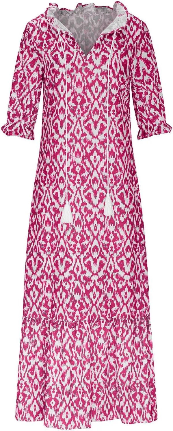 TANGNADE Women Boho Summer Maxi Dress Short Sleeve Tassel V Neck Ruffle Floral Printed Flowy A-Line Beach Travel Dresses