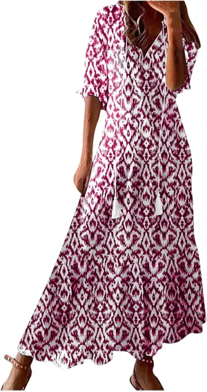 TANGNADE Women Boho Summer Maxi Dress Short Sleeve Tassel V Neck Ruffle Floral Printed Flowy A-Line Beach Travel Dresses