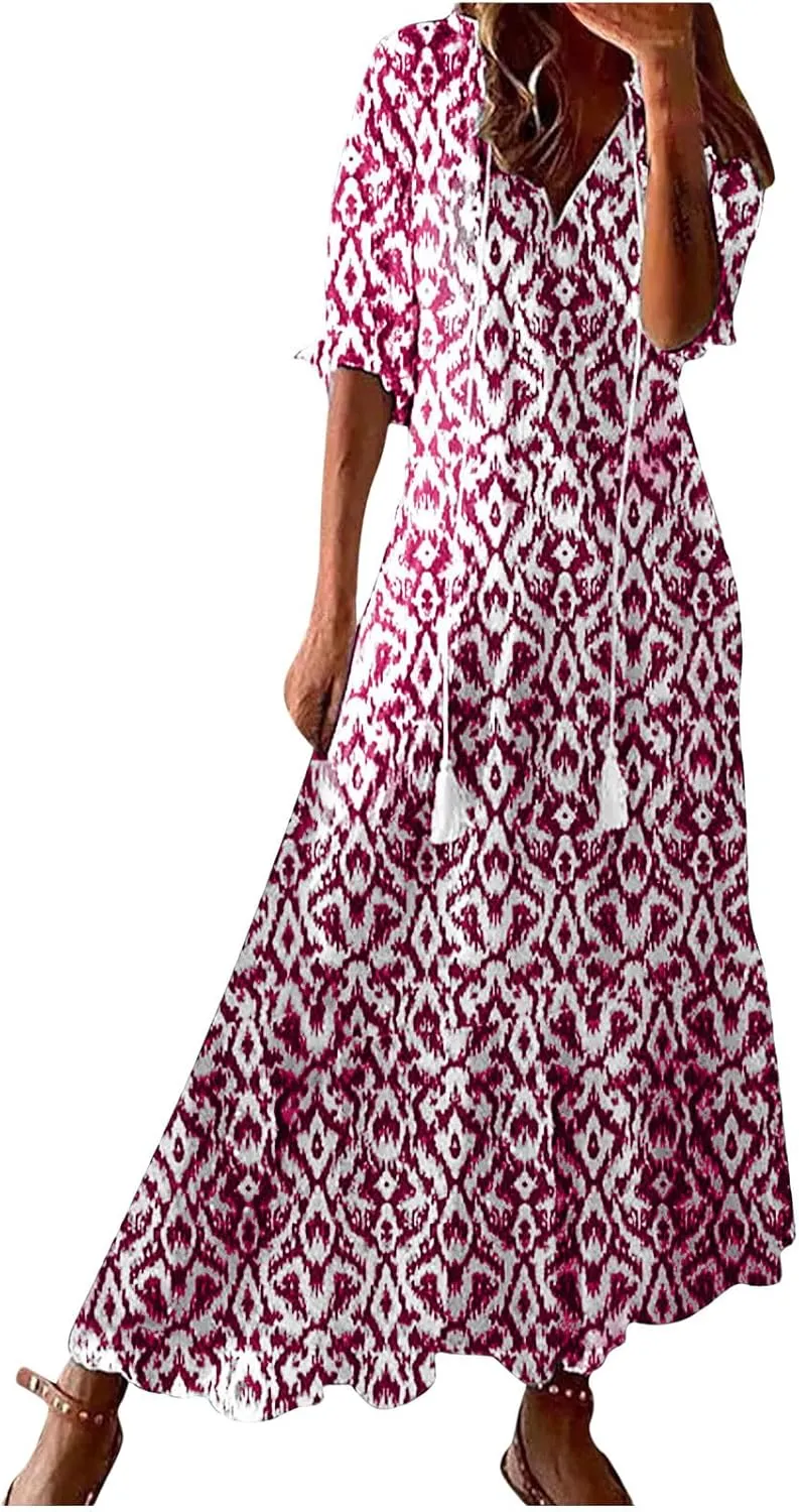 TANGNADE Women Boho Summer Maxi Dress Short Sleeve Tassel V Neck Ruffle Floral Printed Flowy A-Line Beach Travel Dresses