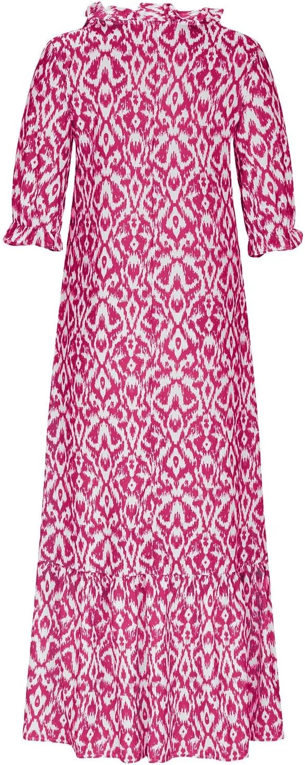 TANGNADE Women Boho Summer Maxi Dress Short Sleeve Tassel V Neck Ruffle Floral Printed Flowy A-Line Beach Travel Dresses