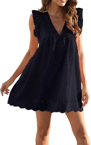 Tank Dress for Women Y2k Dresses Sleeveless Ruffle V Neck Hollow Loose Mini Dresses Boho Vacation Beach Sundress
