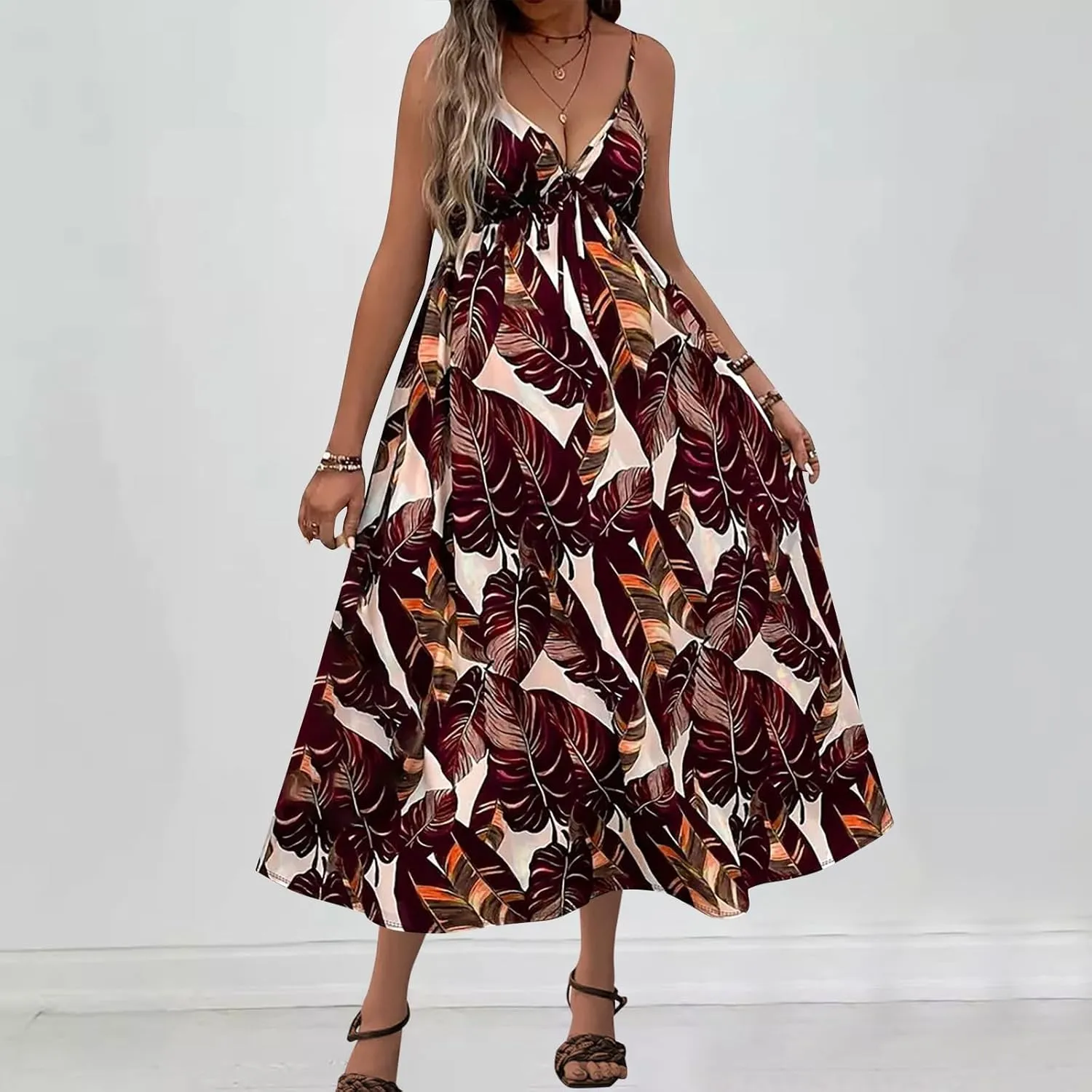 Tank Dresses for Women 2025 Plus Size Adjustable Spaghetti Strap Flower Dresses V-Neck Sleeveless Tropical midi Dress