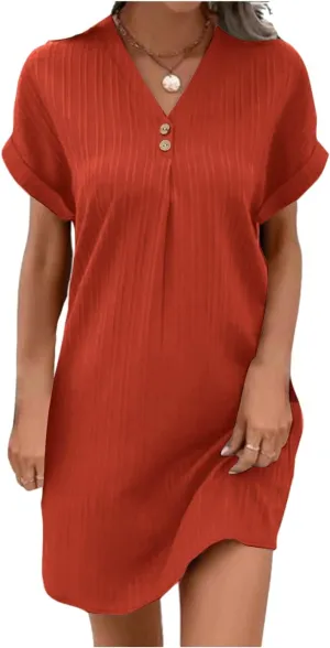TARIENDY Womens Short Sleeve Dress Loose Fit V Neck Dresses Casual Summer Comfy Sundress Plain Beach Vacation Outfits 2025