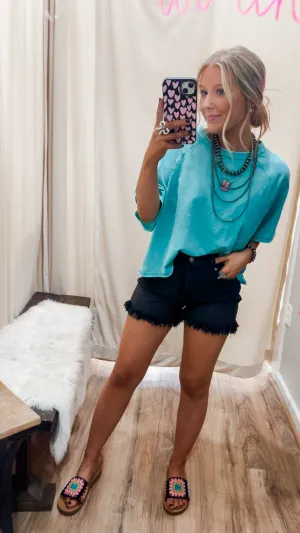 Tina Turquoise Oversized Acid Wash Crop Tee