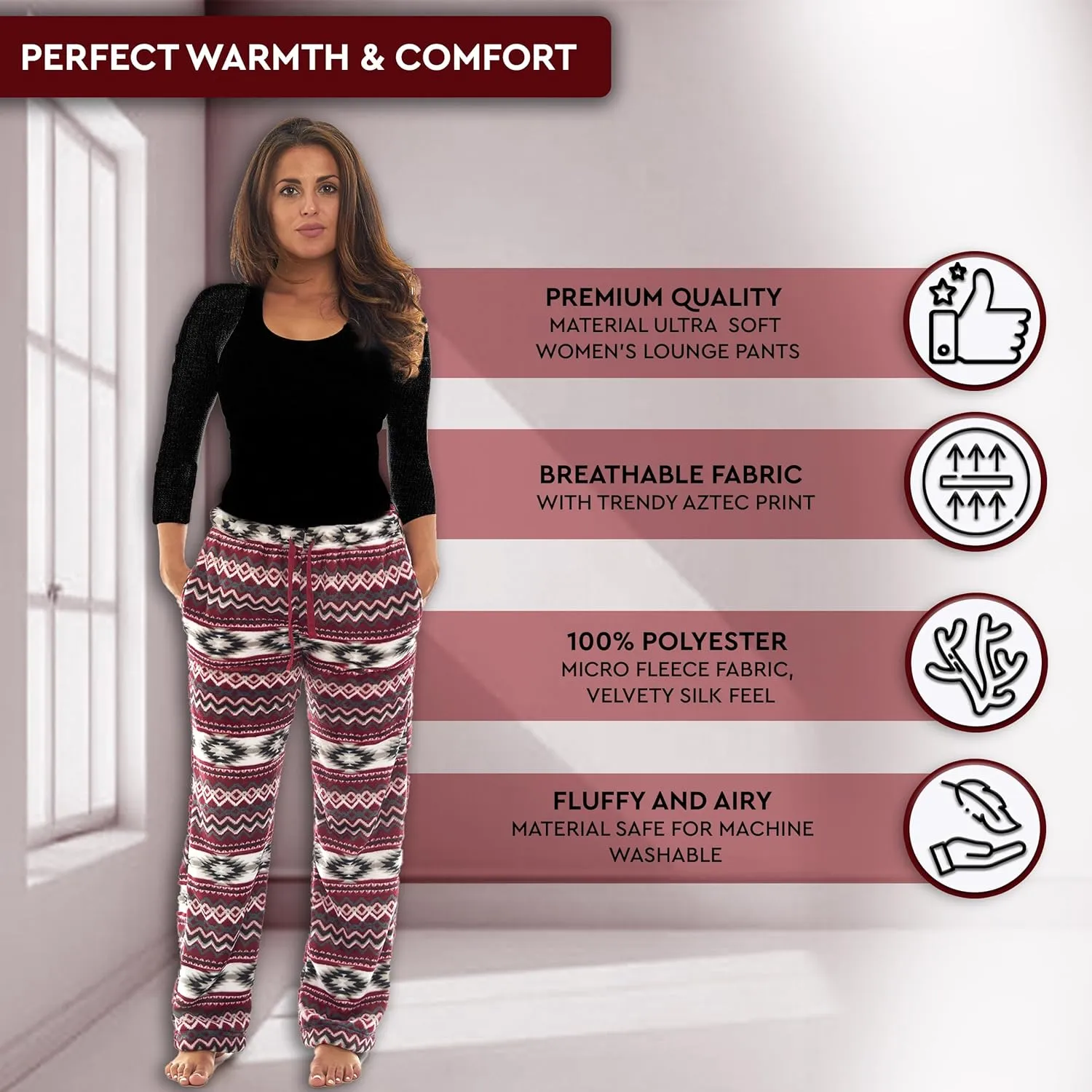 TrailCrest Ultra Soft Womens Lounge Pants, Plush Fleece with Velvety Silk Feel, Aztec/Ikat Fun and Trendy Prints