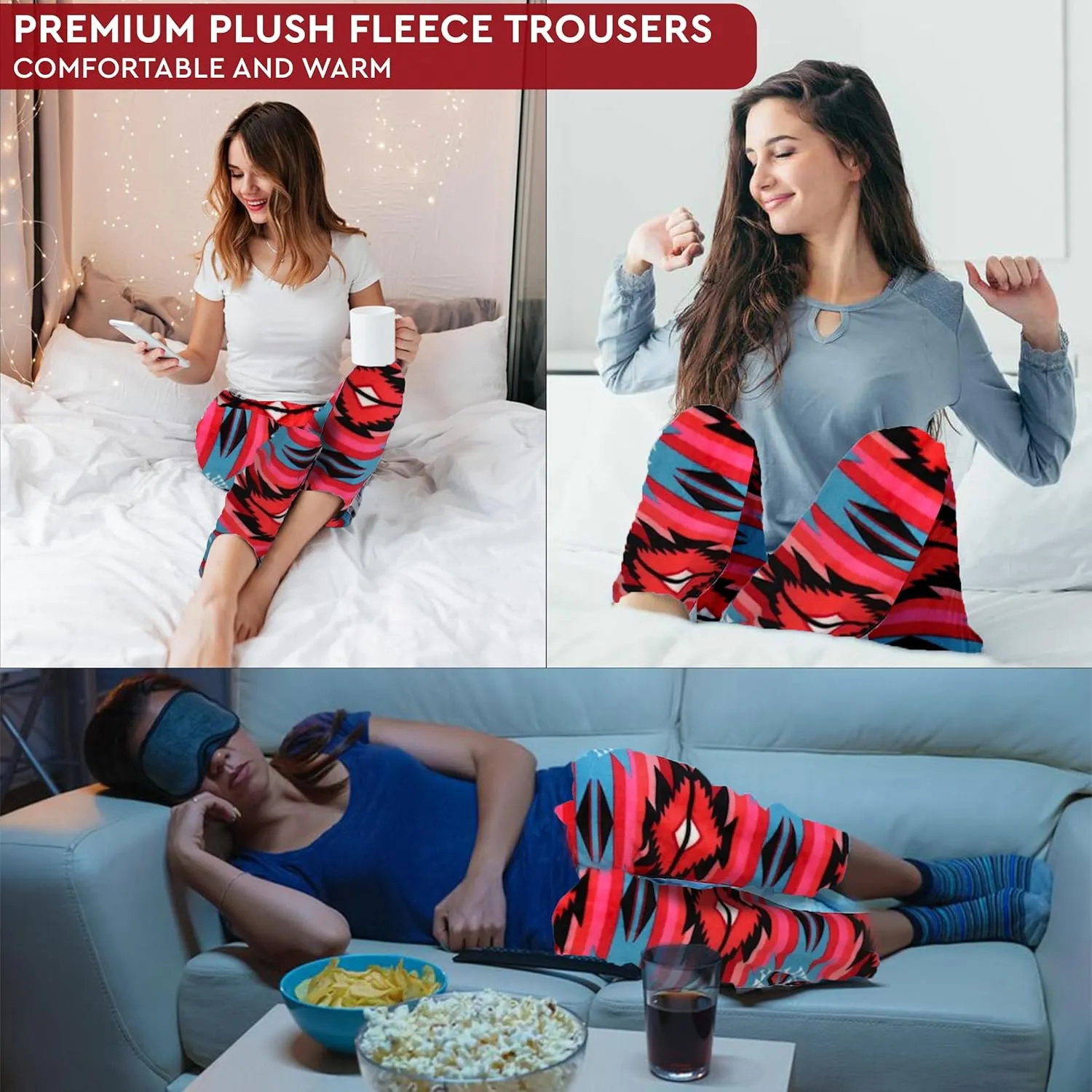 TrailCrest Ultra Soft Womens Lounge Pants, Plush Fleece with Velvety Silk Feel, Aztec/Ikat Fun and Trendy Prints