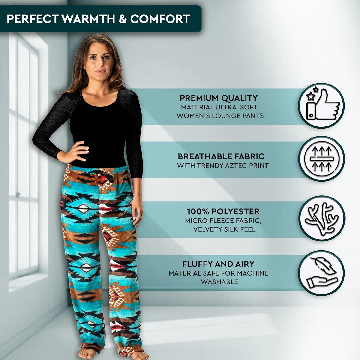 TrailCrest Ultra Soft Womens Lounge Pants, Plush Fleece with Velvety Silk Feel, Aztec/Ikat Fun and Trendy Prints