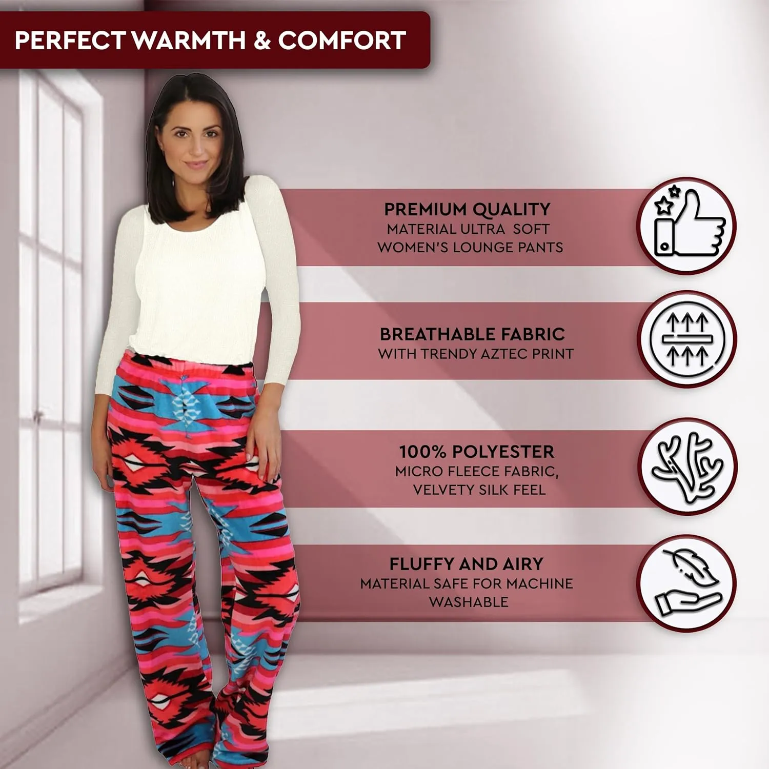 TrailCrest Ultra Soft Womens Lounge Pants, Plush Fleece with Velvety Silk Feel, Aztec/Ikat Fun and Trendy Prints