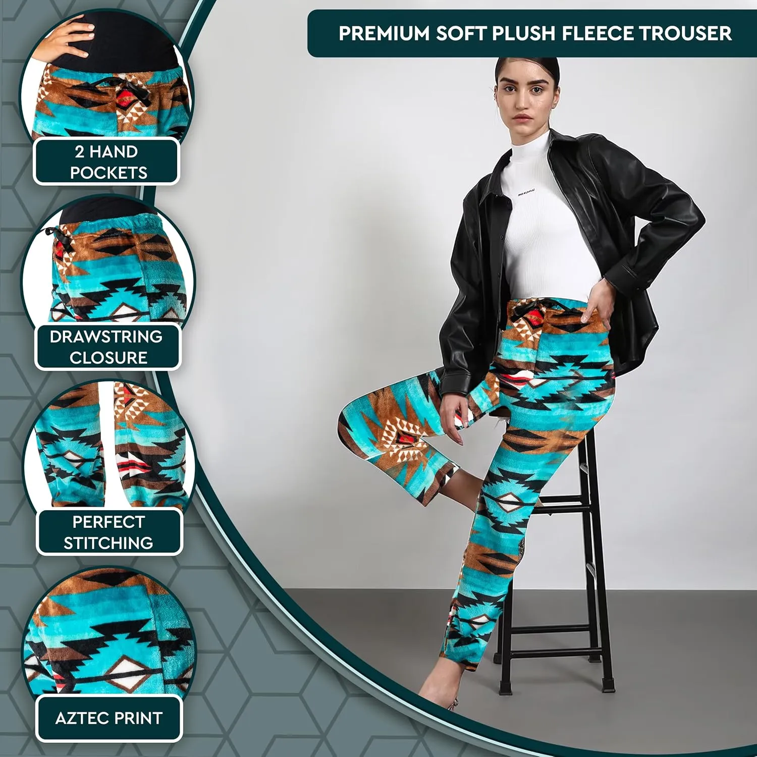 TrailCrest Ultra Soft Womens Lounge Pants, Plush Fleece with Velvety Silk Feel, Aztec/Ikat Fun and Trendy Prints