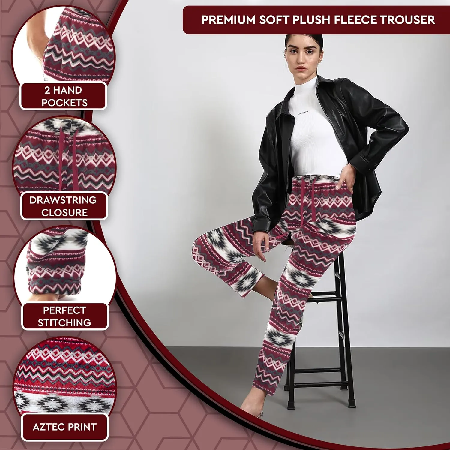 TrailCrest Ultra Soft Womens Lounge Pants, Plush Fleece with Velvety Silk Feel, Aztec/Ikat Fun and Trendy Prints