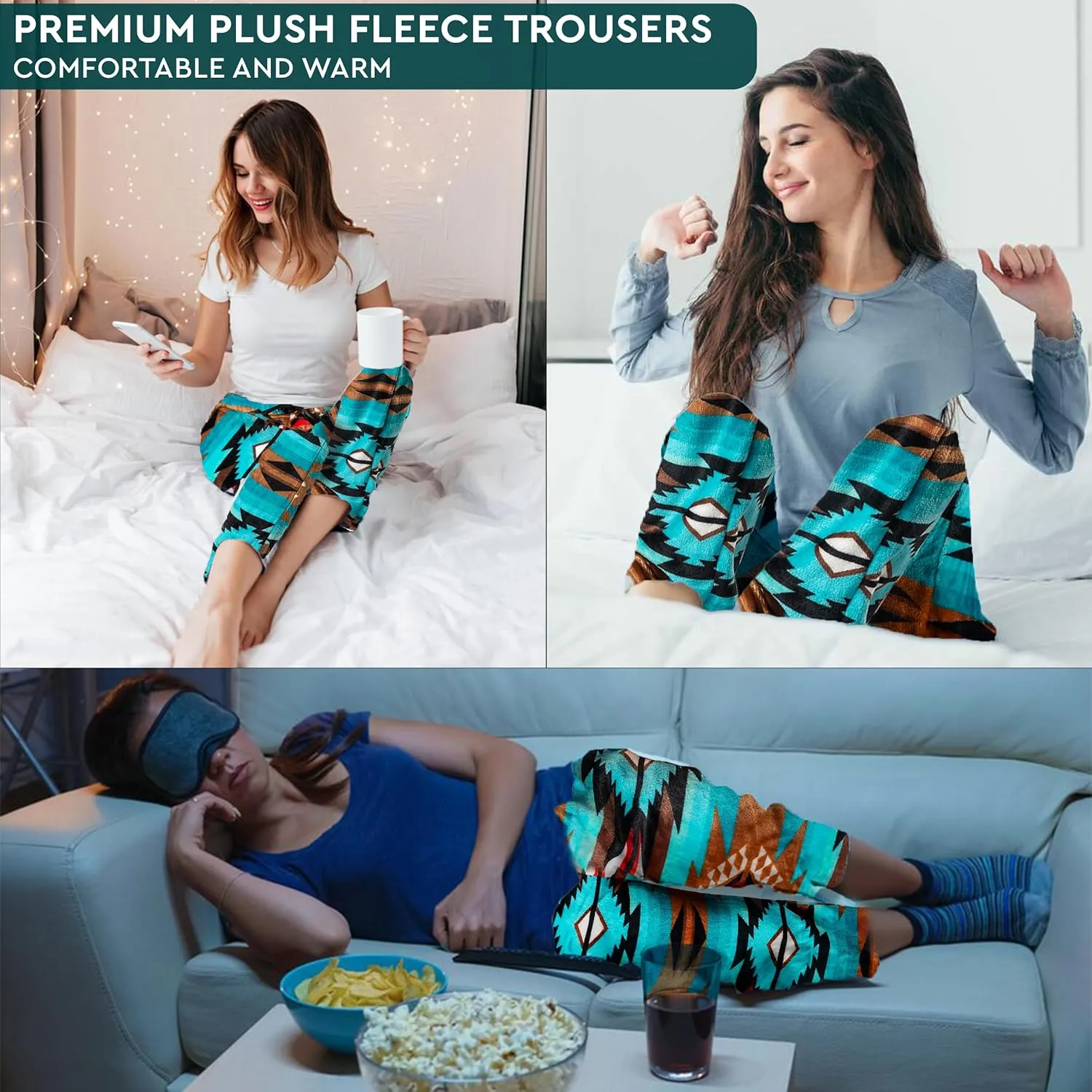 TrailCrest Ultra Soft Womens Lounge Pants, Plush Fleece with Velvety Silk Feel, Aztec/Ikat Fun and Trendy Prints