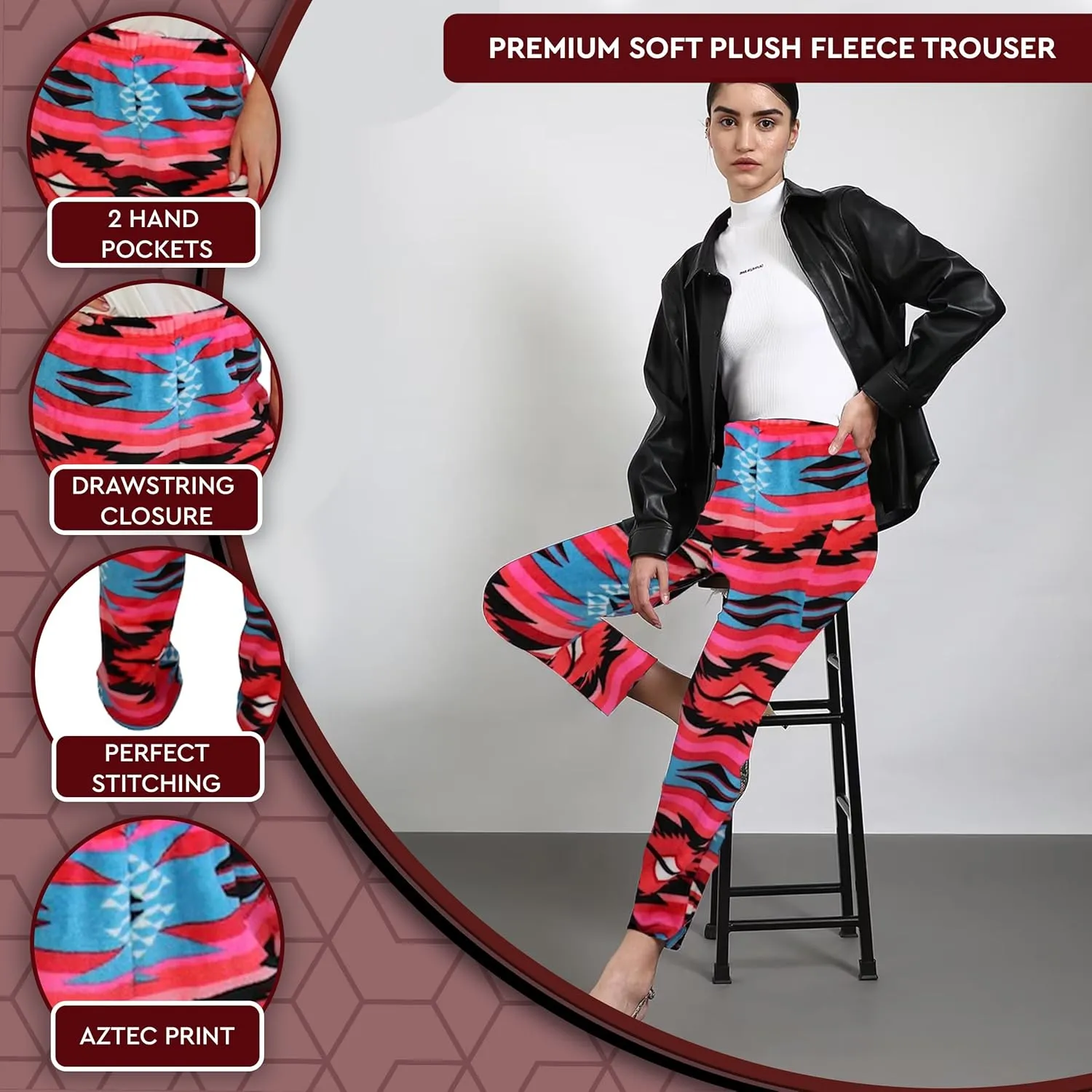 TrailCrest Ultra Soft Womens Lounge Pants, Plush Fleece with Velvety Silk Feel, Aztec/Ikat Fun and Trendy Prints