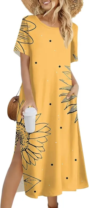 Tshirt Dress Women with Pockets Short Sleeve Side Slit Summer Midi Dresses Scoop Neck Beach Vacation Dresses
