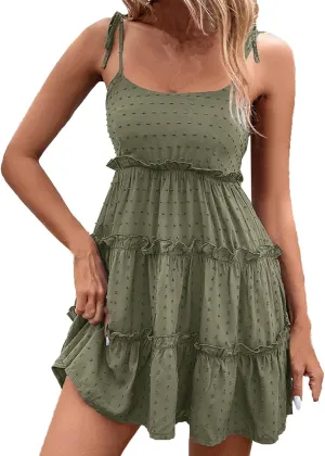 TUNUSKAT Womens 2024 Summer Mini Dress Flowy Adjustable Spaghetti Straps Dresses Short Sleeveless Ruffle Tiered Camis Dress