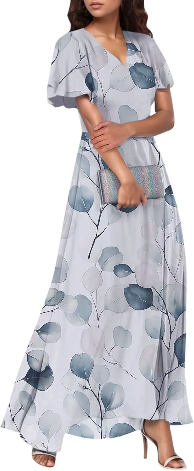 TWGONE Maxi Dresses for Women 2025 Summer Casual Trendy Floral Boho Dress V Neck Short Sleeve Chiffon Flowy Beach Dresses