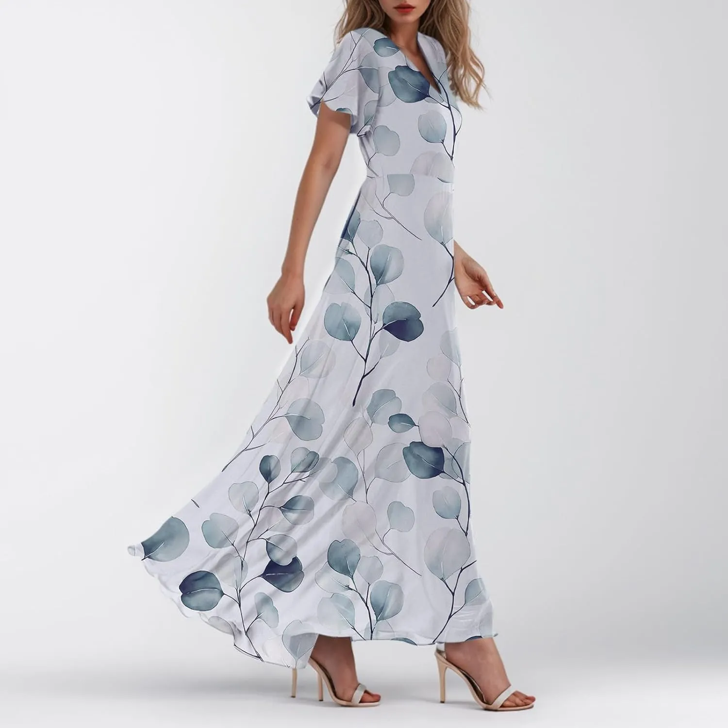 TWGONE Maxi Dresses for Women 2025 Summer Casual Trendy Floral Boho Dress V Neck Short Sleeve Chiffon Flowy Beach Dresses