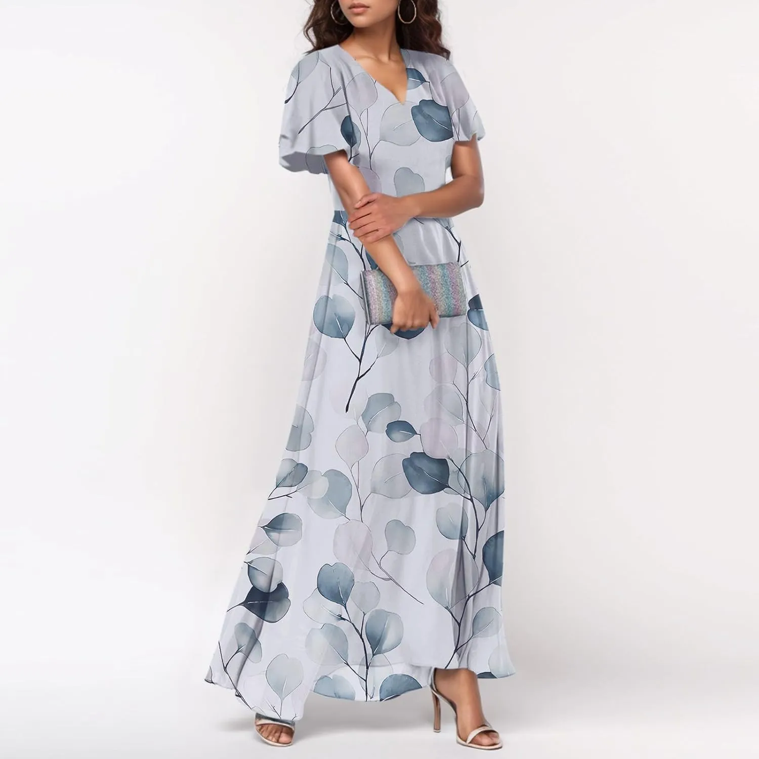 TWGONE Maxi Dresses for Women 2025 Summer Casual Trendy Floral Boho Dress V Neck Short Sleeve Chiffon Flowy Beach Dresses