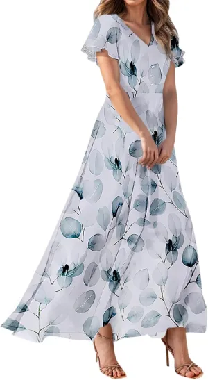 TWGONE Maxi Dresses for Women 2025 Summer Casual Trendy Floral Boho Dress V Neck Short Sleeve Chiffon Flowy Beach Dresses