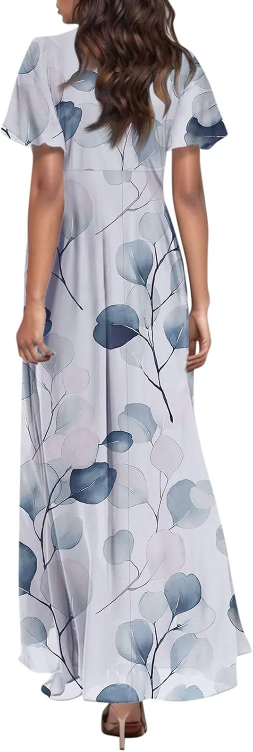 TWGONE Maxi Dresses for Women 2025 Summer Casual Trendy Floral Boho Dress V Neck Short Sleeve Chiffon Flowy Beach Dresses