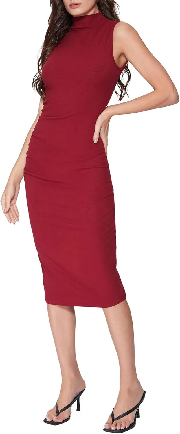 Vinova Women's Summer Mock Neck Midi Dresses Casual Sleeveless Bodycon Dress Elegant Party Long Sundress