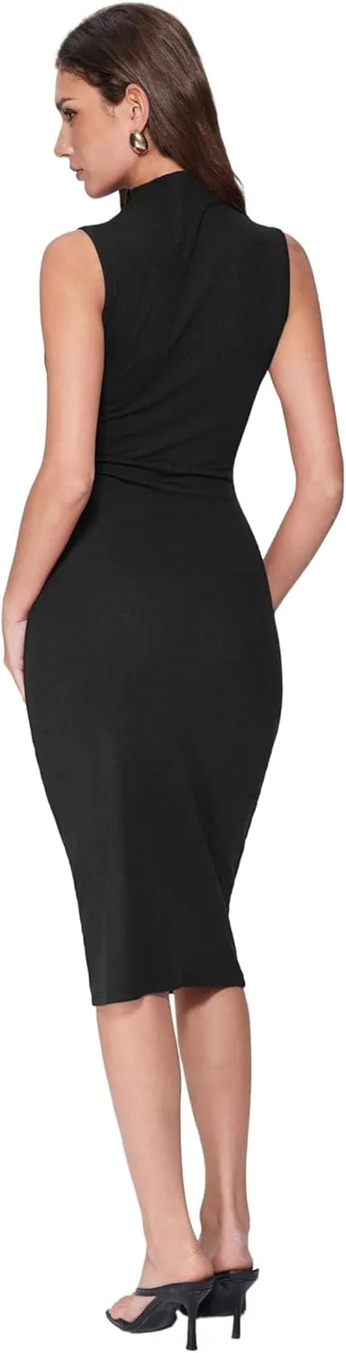Vinova Women's Summer Mock Neck Midi Dresses Casual Sleeveless Bodycon Dress Elegant Party Long Sundress