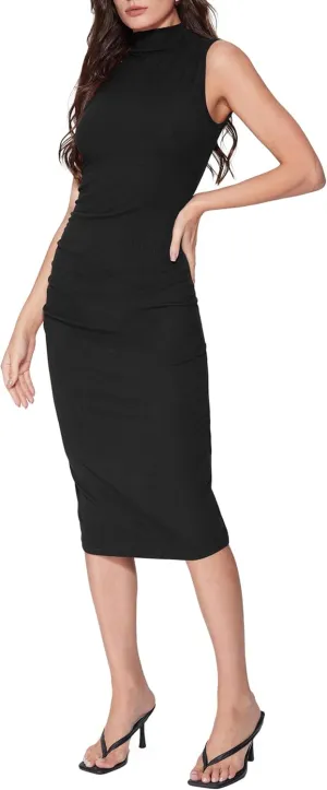 Vinova Women's Summer Mock Neck Midi Dresses Casual Sleeveless Bodycon Dress Elegant Party Long Sundress