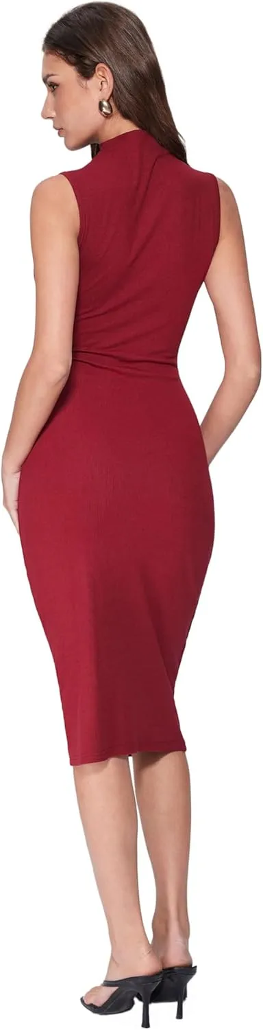 Vinova Women's Summer Mock Neck Midi Dresses Casual Sleeveless Bodycon Dress Elegant Party Long Sundress