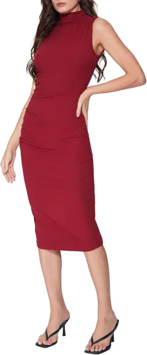 Vinova Women's Summer Mock Neck Midi Dresses Casual Sleeveless Bodycon Dress Elegant Party Long Sundress