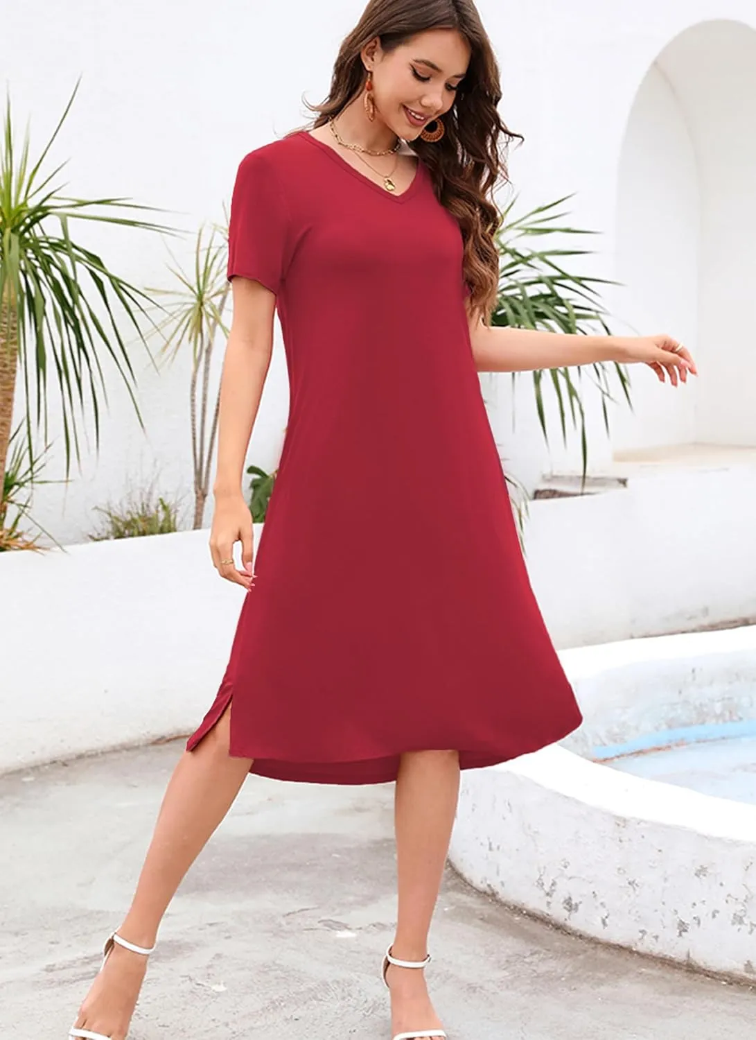VOBCTY Women's Casual Short Sleeve Tshirt Dress Summer Side Split Loose V Neck Dresses