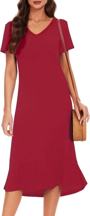 VOBCTY Women's Casual Short Sleeve Tshirt Dress Summer Side Split Loose V Neck Dresses