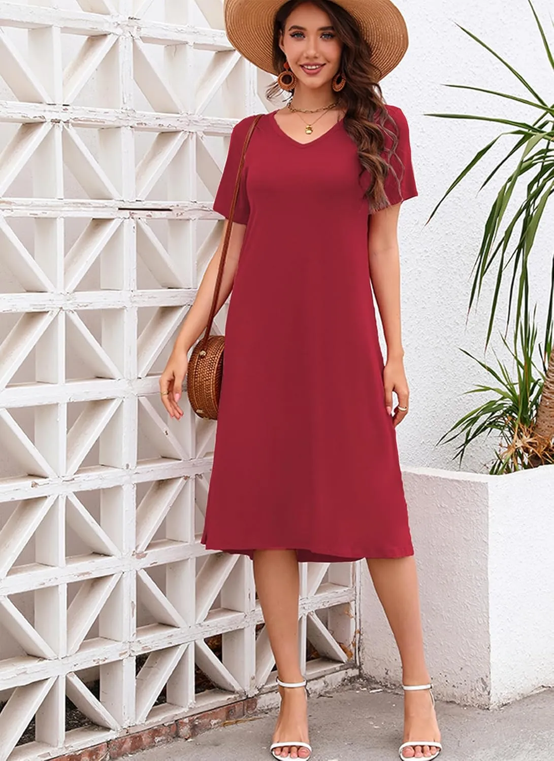 VOBCTY Women's Casual Short Sleeve Tshirt Dress Summer Side Split Loose V Neck Dresses