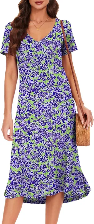 VOBCTY Women's Casual Short Sleeve Tshirt Dress Summer Side Split Loose V Neck Dresses