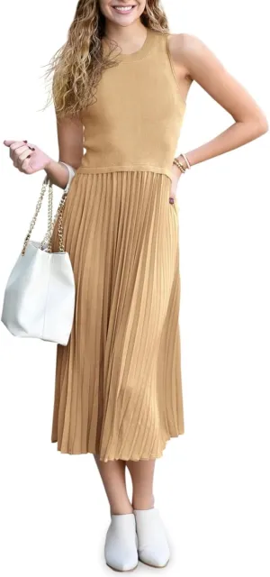 Wenrine Womens Summer Sleeveless Tank Dress Casual Knit Patchwork Crewneck Pleated Office Midi Dresses