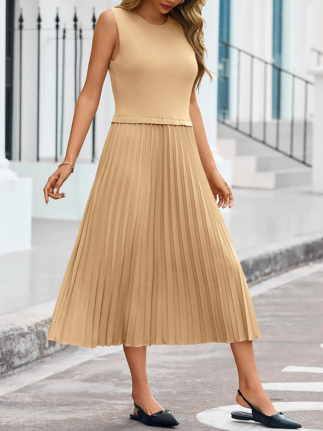 Wenrine Womens Summer Sleeveless Tank Dress Casual Knit Patchwork Crewneck Pleated Office Midi Dresses