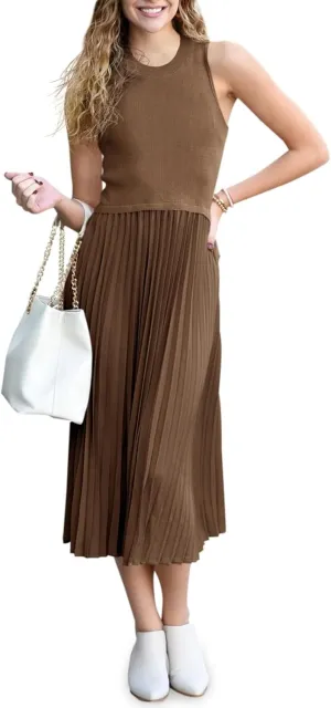 Wenrine Womens Summer Sleeveless Tank Dress Casual Knit Patchwork Crewneck Pleated Office Midi Dresses