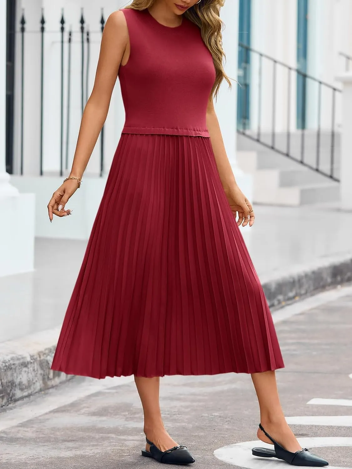 Wenrine Womens Summer Sleeveless Tank Dress Casual Knit Patchwork Crewneck Pleated Office Midi Dresses