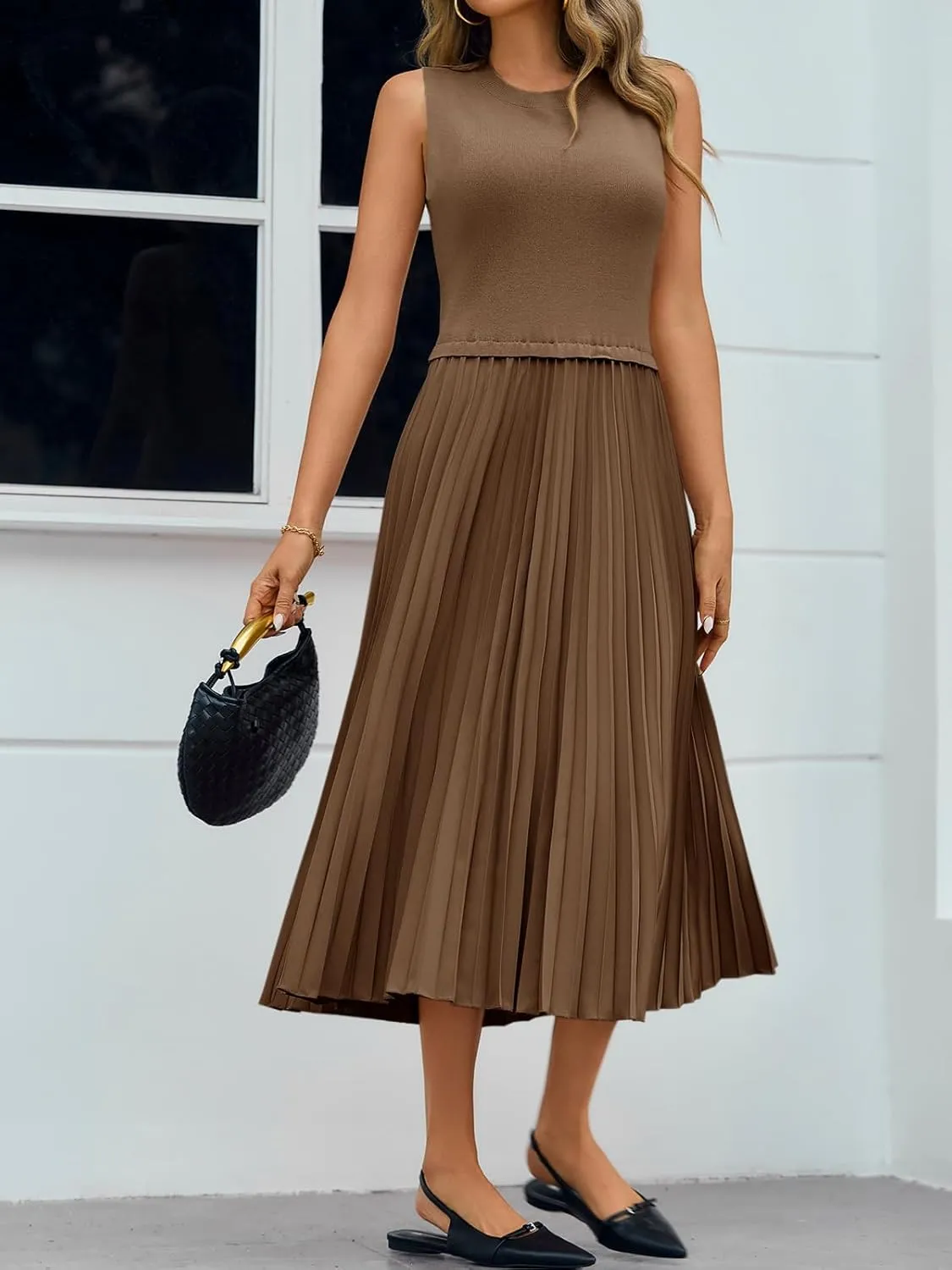 Wenrine Womens Summer Sleeveless Tank Dress Casual Knit Patchwork Crewneck Pleated Office Midi Dresses