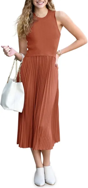 Wenrine Womens Summer Sleeveless Tank Dress Casual Knit Patchwork Crewneck Pleated Office Midi Dresses