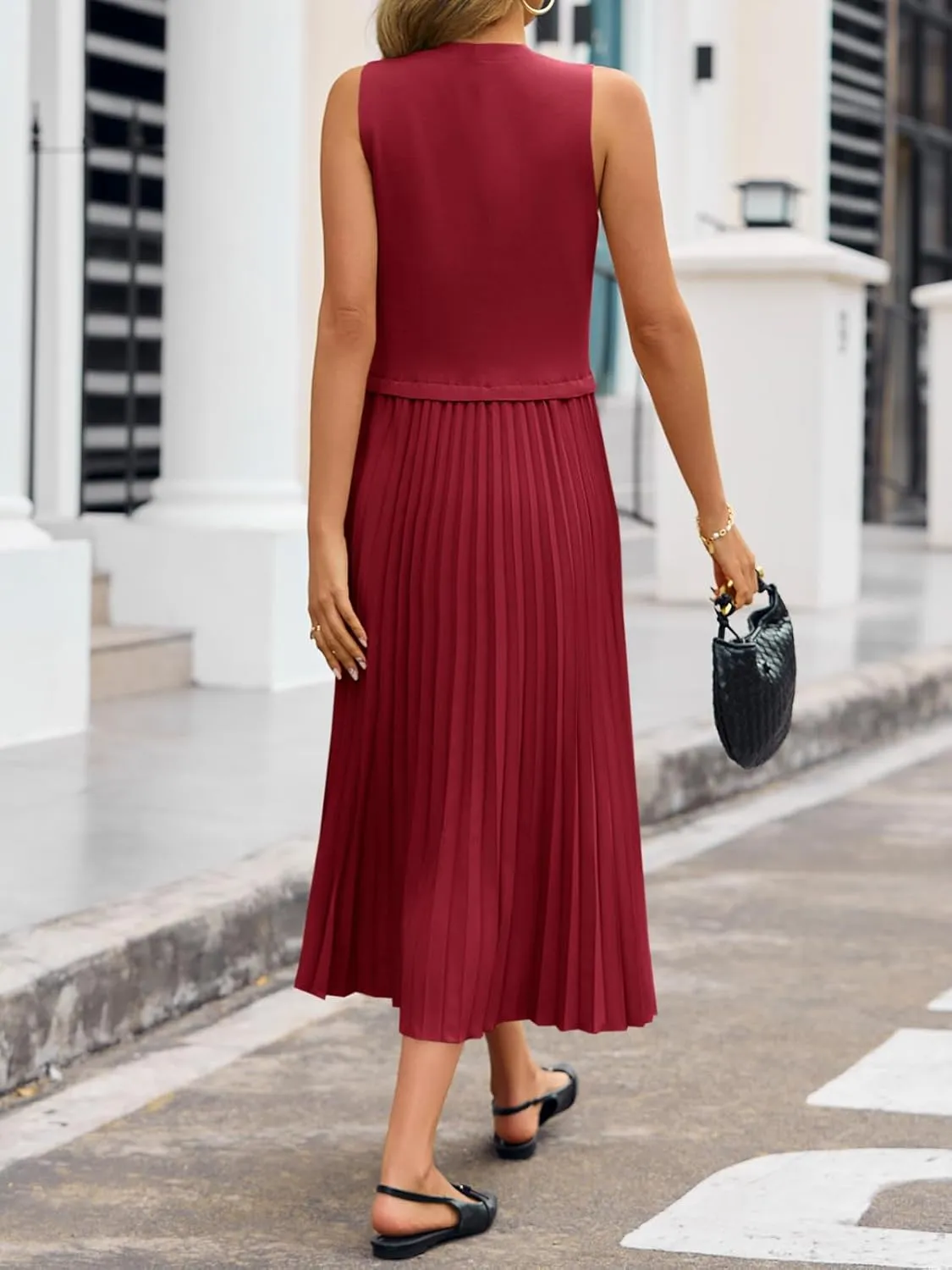 Wenrine Womens Summer Sleeveless Tank Dress Casual Knit Patchwork Crewneck Pleated Office Midi Dresses