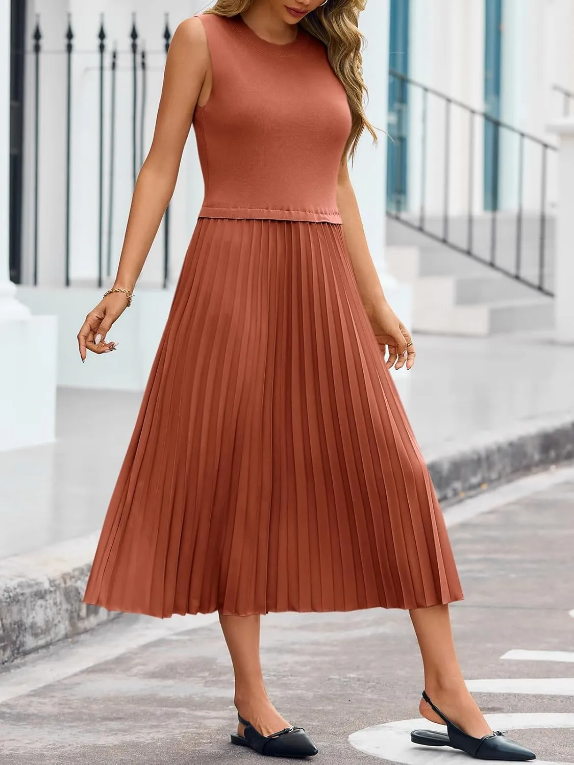Wenrine Womens Summer Sleeveless Tank Dress Casual Knit Patchwork Crewneck Pleated Office Midi Dresses