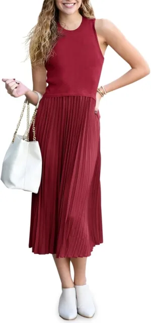 Wenrine Womens Summer Sleeveless Tank Dress Casual Knit Patchwork Crewneck Pleated Office Midi Dresses